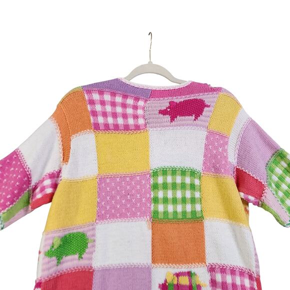 Susan Bristol Womens Vintage Patchwork Pig Knit Cardigan Size Large Pink Farm - Picture 5 of 11